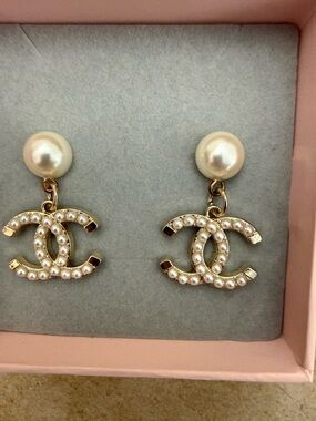 Pearl-Accented Gold Double-C Logo Drop Earrings - White